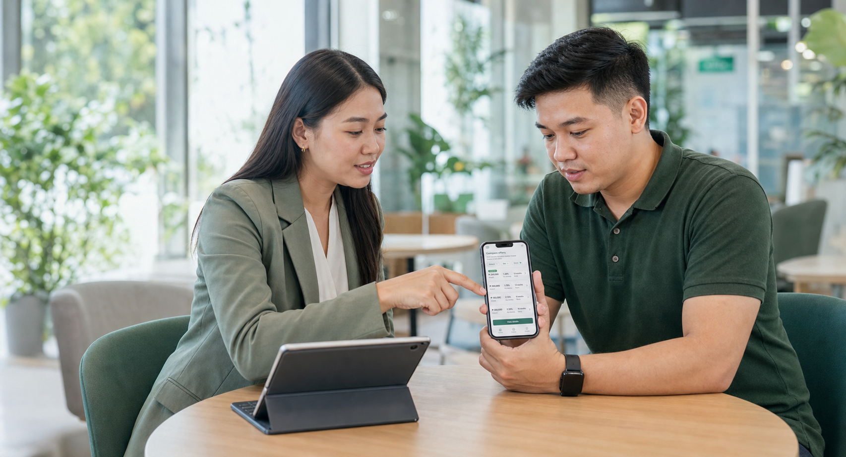 Financial service advisor helping a customer review CashPino on a phone